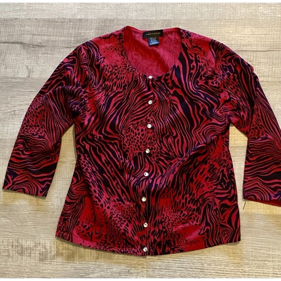 Cable & Gauge L Red Black Animal Print Button Up Cardigan Sweater Rhinestones - Picture 4 of 9